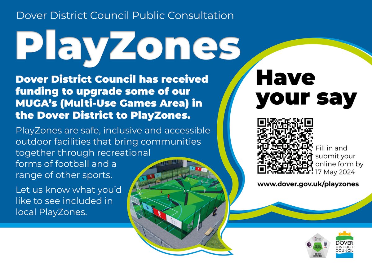 #HaveYourSay We are looking to upgrade some of the district’s multi-use games areas (MUGA) to create new PlayZones, which are safe and accessible outdoor sporting facilities We want to find out what sports and activities you would like to see there Go to dover.gov.uk/playzones