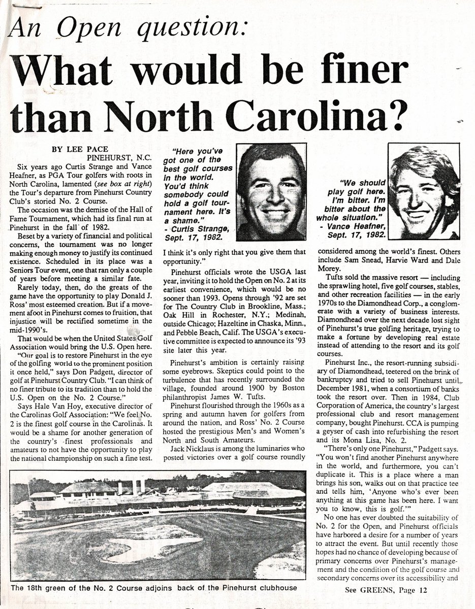 Three @usopengolf in the books, one next month, four more on the calendar. And a new @USGA Golf House Pinehurst up and running. But it was an uphill battle in the late 1980s, and this 1988 @golfweek story the first public acknowledgement of the lofty goals of @PinehurstResort.