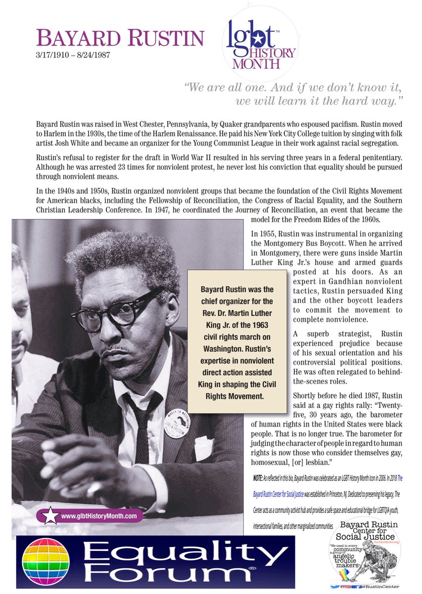 Thanx @EqualityForum for back in the day celebratin' Bayard Rustin in your 2006 inaugural LGBTQ+ History Month Icons & now amplifyin' @RustinCenter as an impactful resource continuin' his angelic troublemaking! We are inspired by your belief in our mission lgbthistorymonth.com/bayard-rustin?…