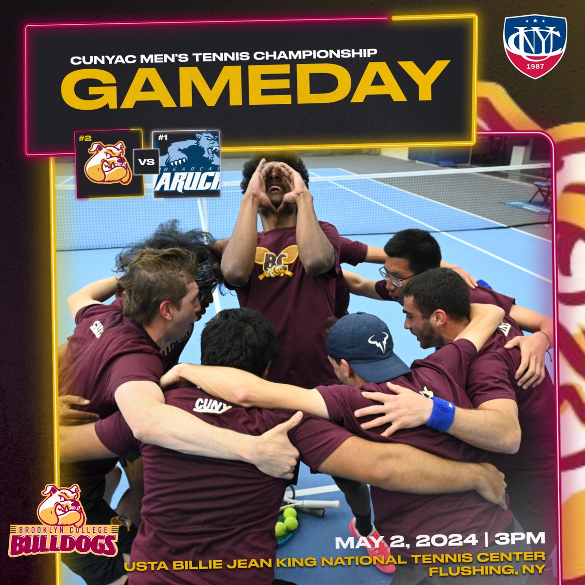 🏆 CHAMPIONSHIP🏆

Calling all @bklyncollege411 Bulldogs to come out and support #BCmt in their first @cunyac Championship since 2007! 🐶🎾

🆚 @baruchathletics
⌚3pm
🏟️ USTA National Tennis Center 
📍Flushing, NY 
🎟️FREE ADMISSION 

#PlayLikeaBulldog #cunychamps #d3tennis #ita