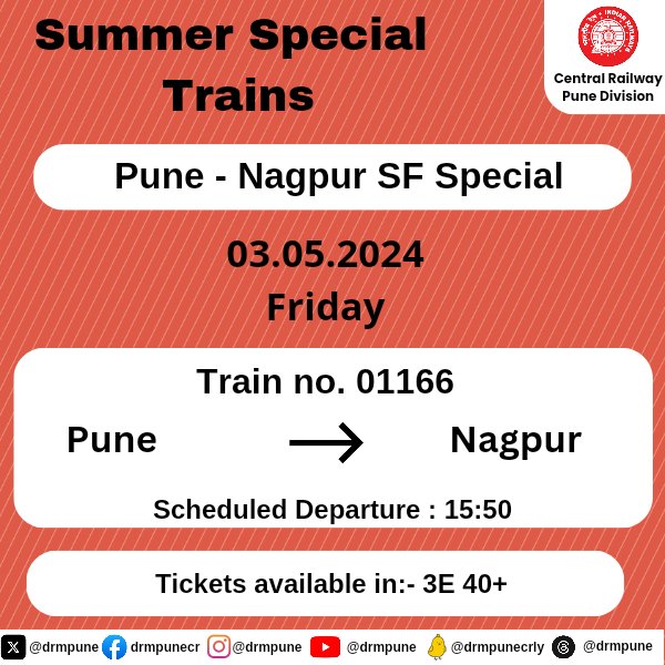 CR-Pune Division Summer Special Train from Pune to Nagpur on May 03, 2024.
Plan your travel accordingly and have a smooth journey.
To book ticket please visit the website irctc.co.in or computerised reservation centre
#SummerSpecialTrains #CentralRailway #PuneDivision