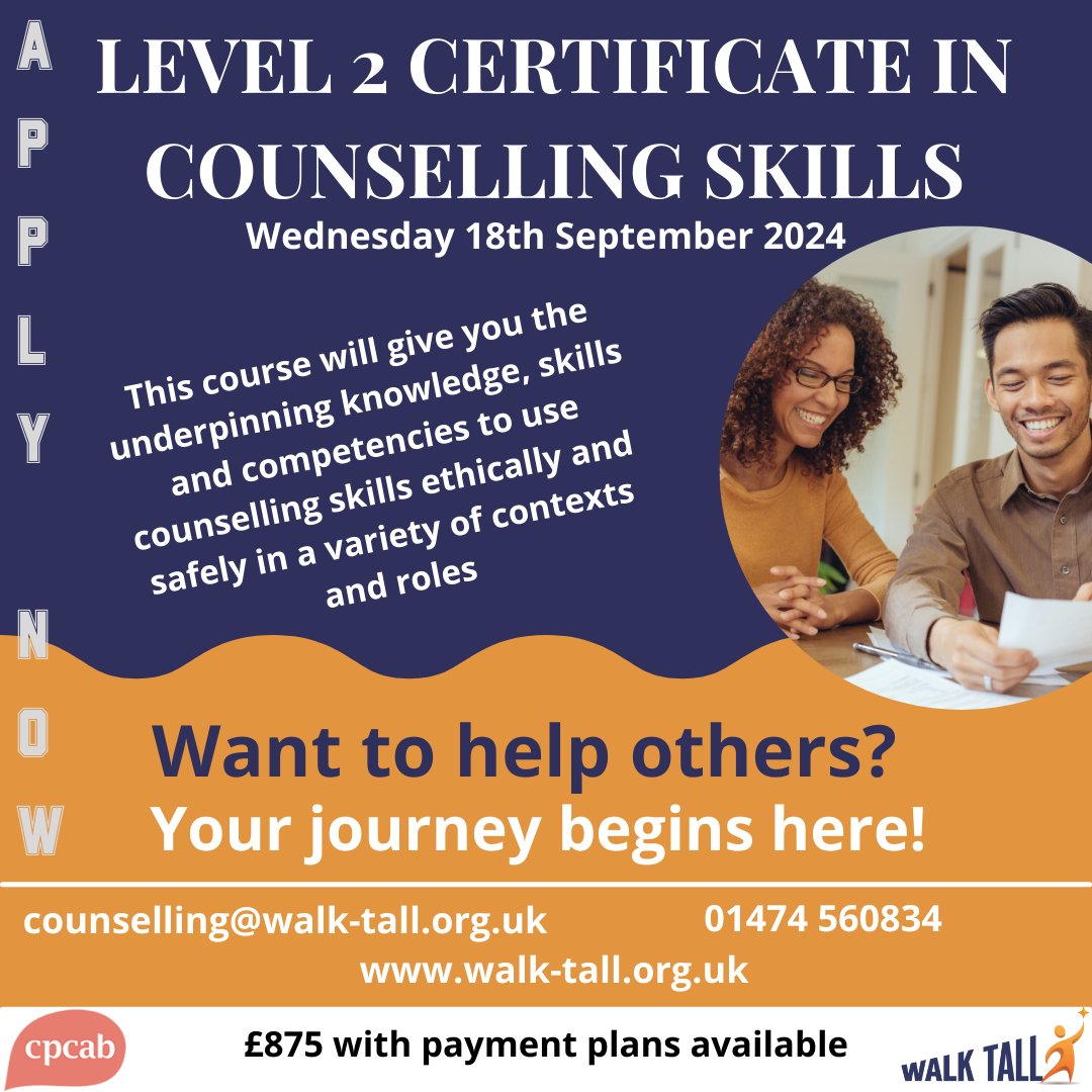 Our remote Level 2 Certificate in Counselling Skills begins in September! We are so excited to welcome all of you who are interested in starting your counsellor journey! Applications are open! Call or email today!
#counsellor #counselling #walktall #mentalhealth
