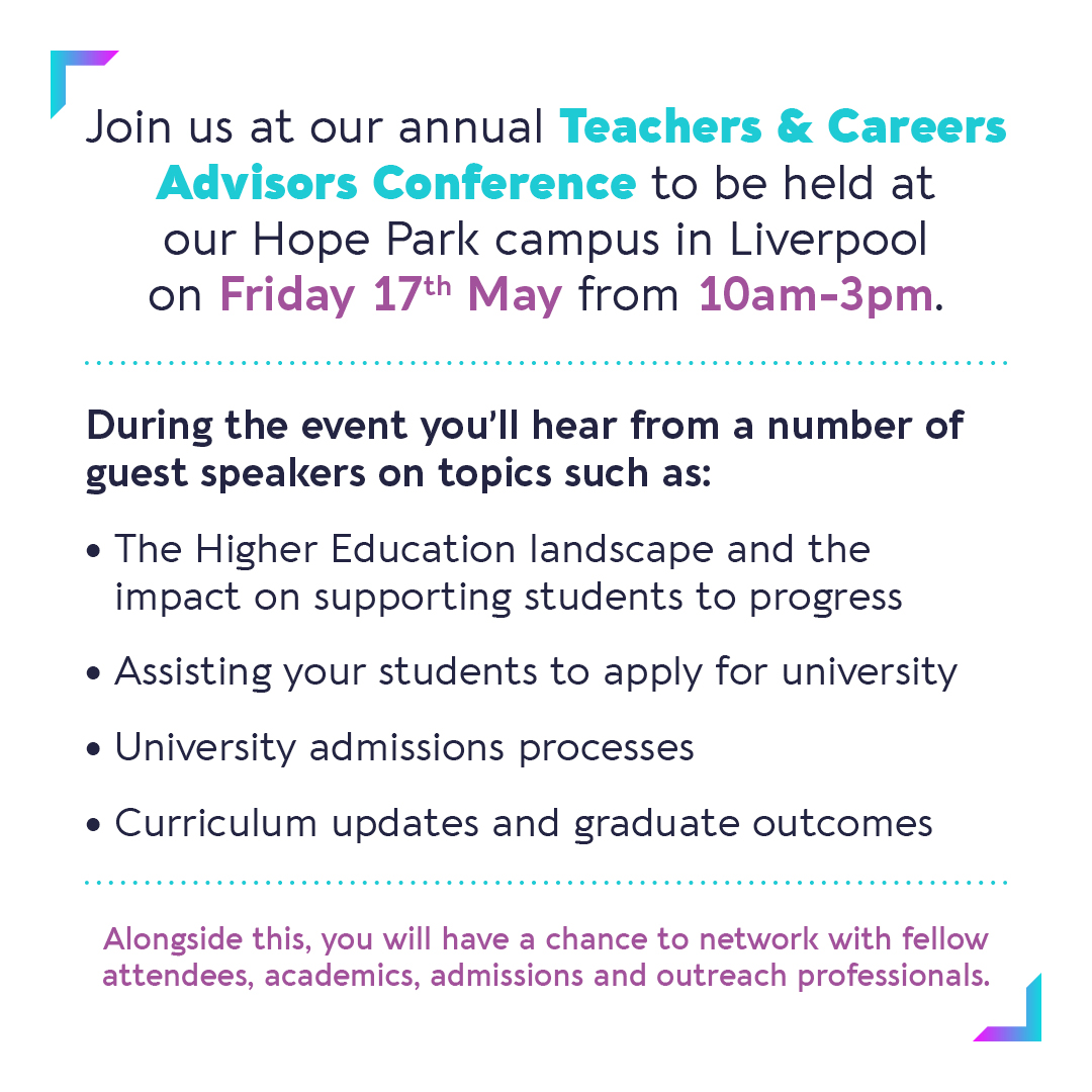We're looking forward to this months Teacher & Careers Advisor Conference 📚 There's still time to book on to this networking event! Reserve your place now, email outreach@hope.ac.uk 📧