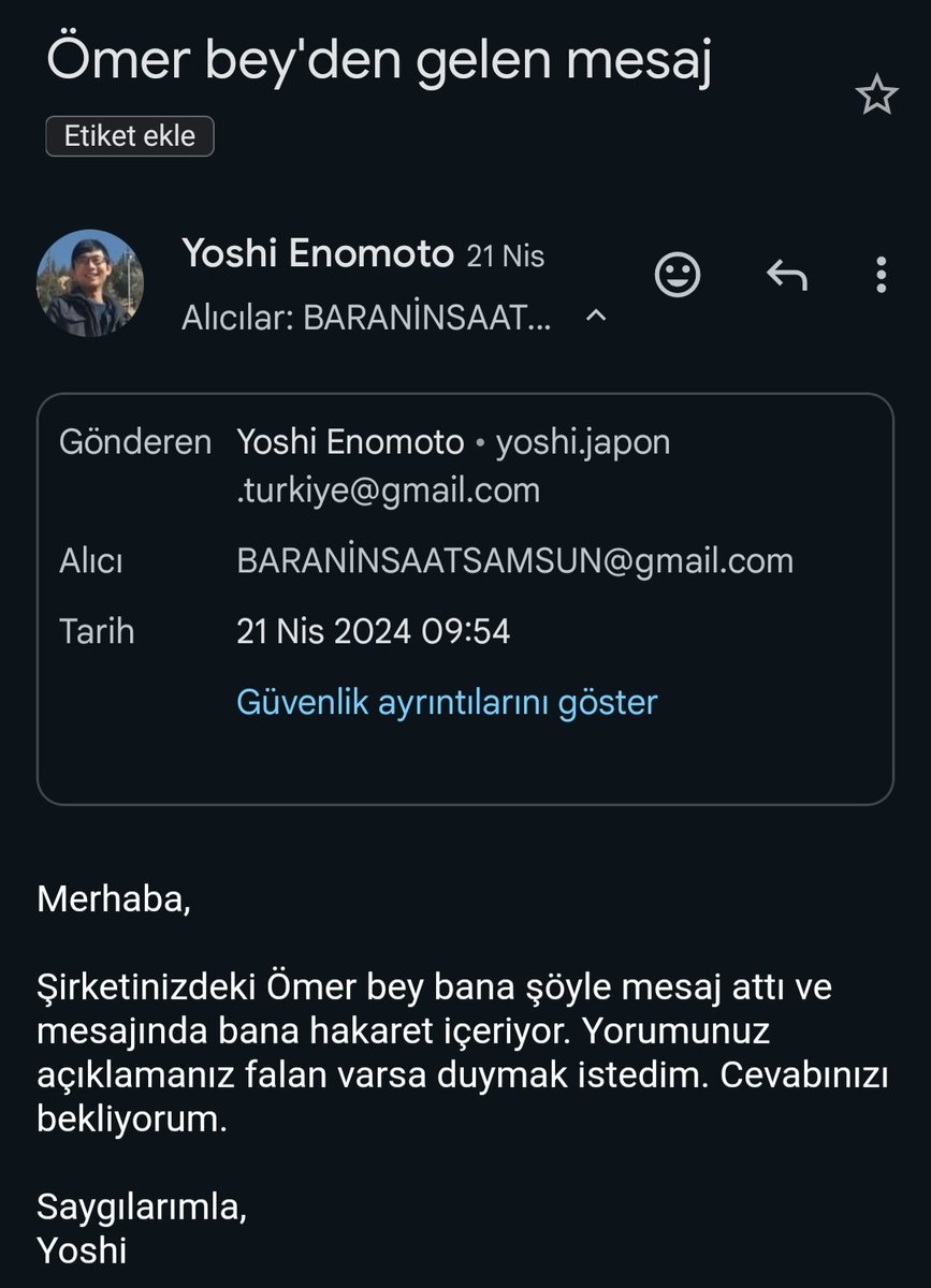 Hiç tanımadığım Yüksek İç Mimar Ömer BARAN beyden şöyle mesaj geldi ve bana piç diyor. Kendisinin çalıştığı Samsun'da yer alan Baran İnşaat'a Gmail attım. Ama cevap gelmiyor. Neden acaba?