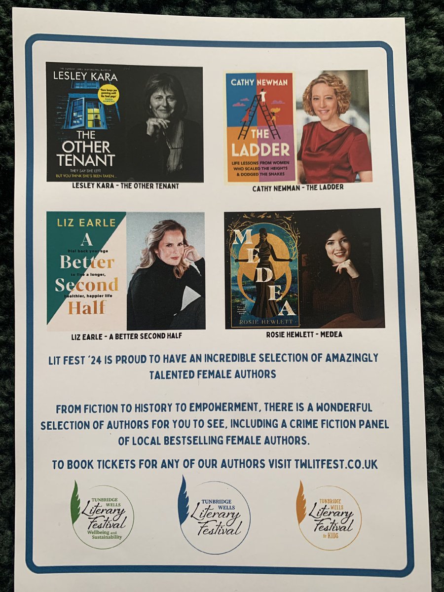 Well, this is nice! My mugshot in a ‘selection of amazingly talented female authors!’ Not pictured here but equally, if not *more*, amazing are @laurajm8, @nicolekkennedy and @hollyseddon, and our panel is on May 12th at 2pm at the Tunbridge Wells Literary Festival @theamelia_tw.…