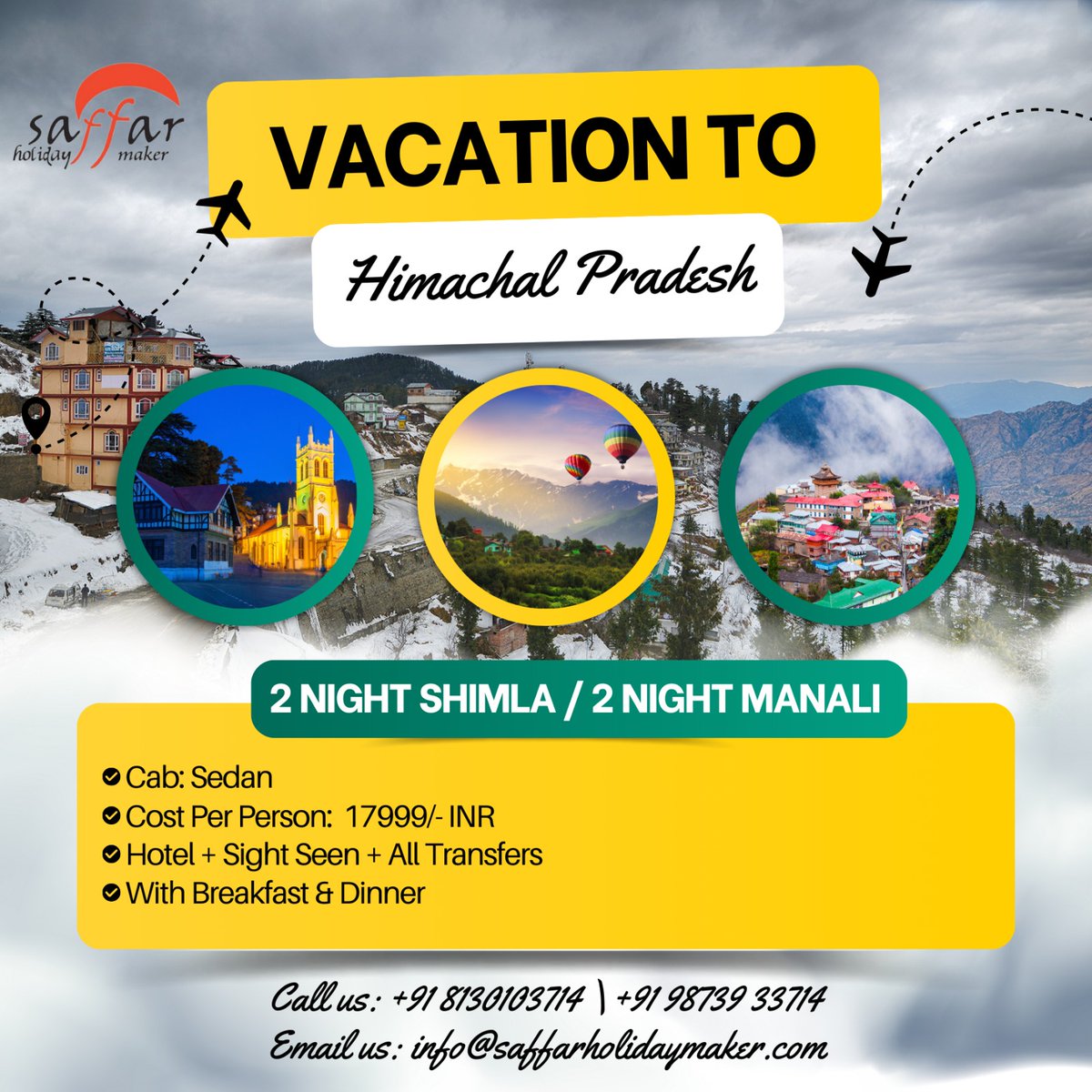 Escape to the serene hills of Shimla and Manali with our exclusive tour packages! 🏔️ Experience the magic of snow-capped peaks, lush valleys, and picturesque landscapes. #ShimlaManali #HimalayanEscape #TourPackages #AdventureAwaits #ExploreTheHills #TravelGoals