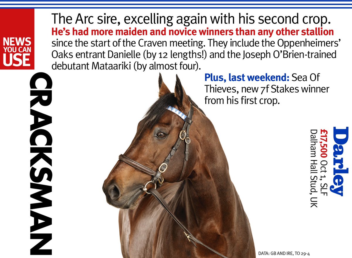 🔷 @DarleyEurope's CRACKSMAN 🔷

The Arc sire, excelling again with his second crop 👇

Standing at £17,500 (Oct 1, SLF) at Dalham Hall Stud.

➡️ darleyeurope.com/stallions/our-…
#ReadAllAboutIt