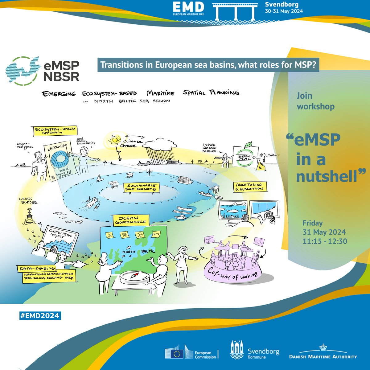 Transitions in 🇪🇺 sea basins - what roles for MSP? To tackle complexities of #GreenDeal in spheres of #nature #energy #food - is adaptive & flexible approach way forward for #MSP? Join our #EMD2024 workshop 'eMSP in a nutshell': t.ly/QM4Yo We meet in Svendborg 🇩🇰👋