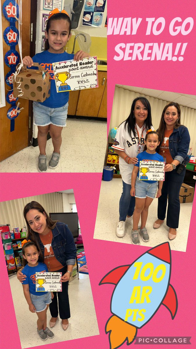 Congratulations to this amazing Kindergartener for reaching her 100 AR points goal! So proud of you, Serena! 🎉🚀🏆@Rockets120 @McAllenISD #RocketPride