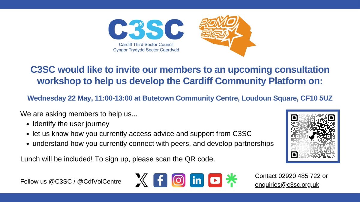 For the attention of C3SC Members, we need your help! We're working with @ProMoCymru as part of the 6-month Digital Service Design Programme to develop a digital tool for our members - something that works. On 22 May @ButetownCentre, we'll be running a consultation and we'd love…