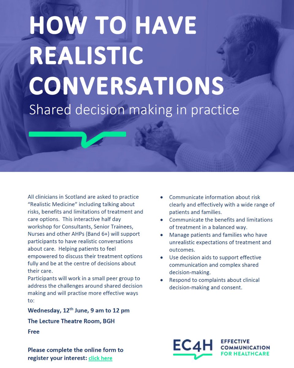 Only a few places left on our Realistic Conversations: Shared Decision Making in Practice workshop for NHS Borders staff.
12th June - Borders General Hospital
FREE
@NHSBorders @NHSBordersCPP 
Book your place quickly to avoid disappointment ⬇️
ec4h.org.uk/workshop/how-t…