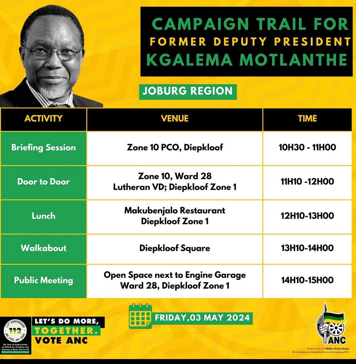 Former Deputy President of ⁦@MYANC⁩ Kgalema Motlanthe is joining the party campaign tomorrow.