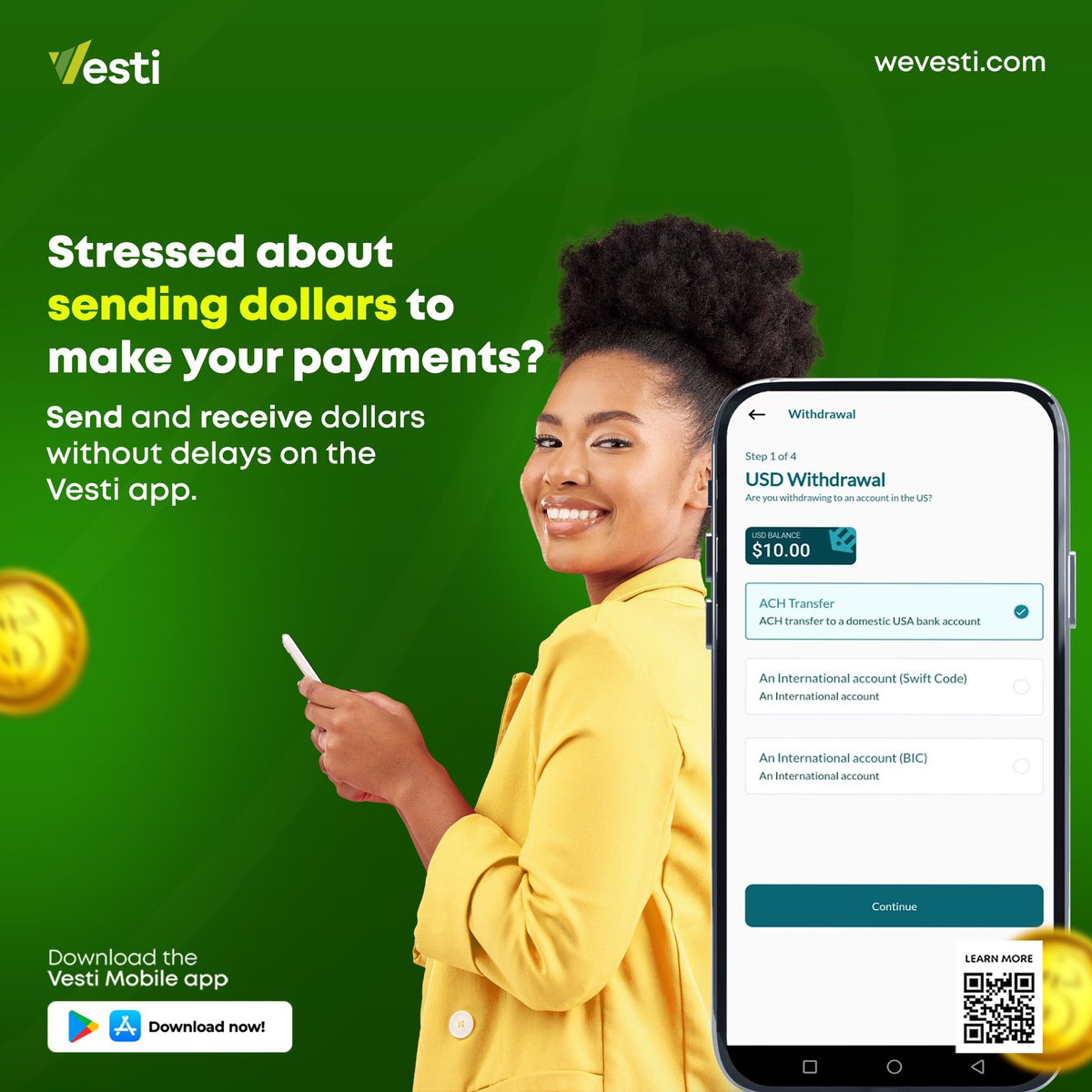 With Vesti, you can send and receive dollars fast and securely, making payments a breeze. Don't let money transfers hold you back. Download Vesti today! #SendMoneyFast #NoMoreDelays #GlobalPayments #FinancialFreedom #Vesti #Fintech