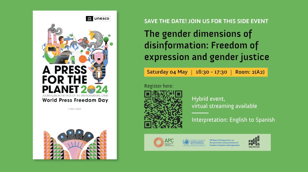 Are you interested in the gender dimensions of disinformation? Join us this Saturday, 4 May, for a conference coinciding with World Press Freedom Day - with @UNHumanRights @freepressunltd 👇 limesurvey.apc.org/index.php/3595… #WPFD2024 #GenderedDisinformation