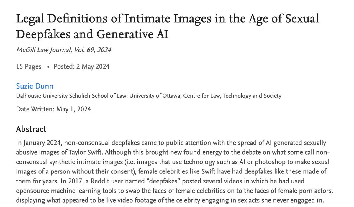 My most recent article is now available on SSRN. Legal Definitions of Intimate Images in the Age of Sexual Deepfakes and Generative AI papers.ssrn.com/sol3/papers.cf…