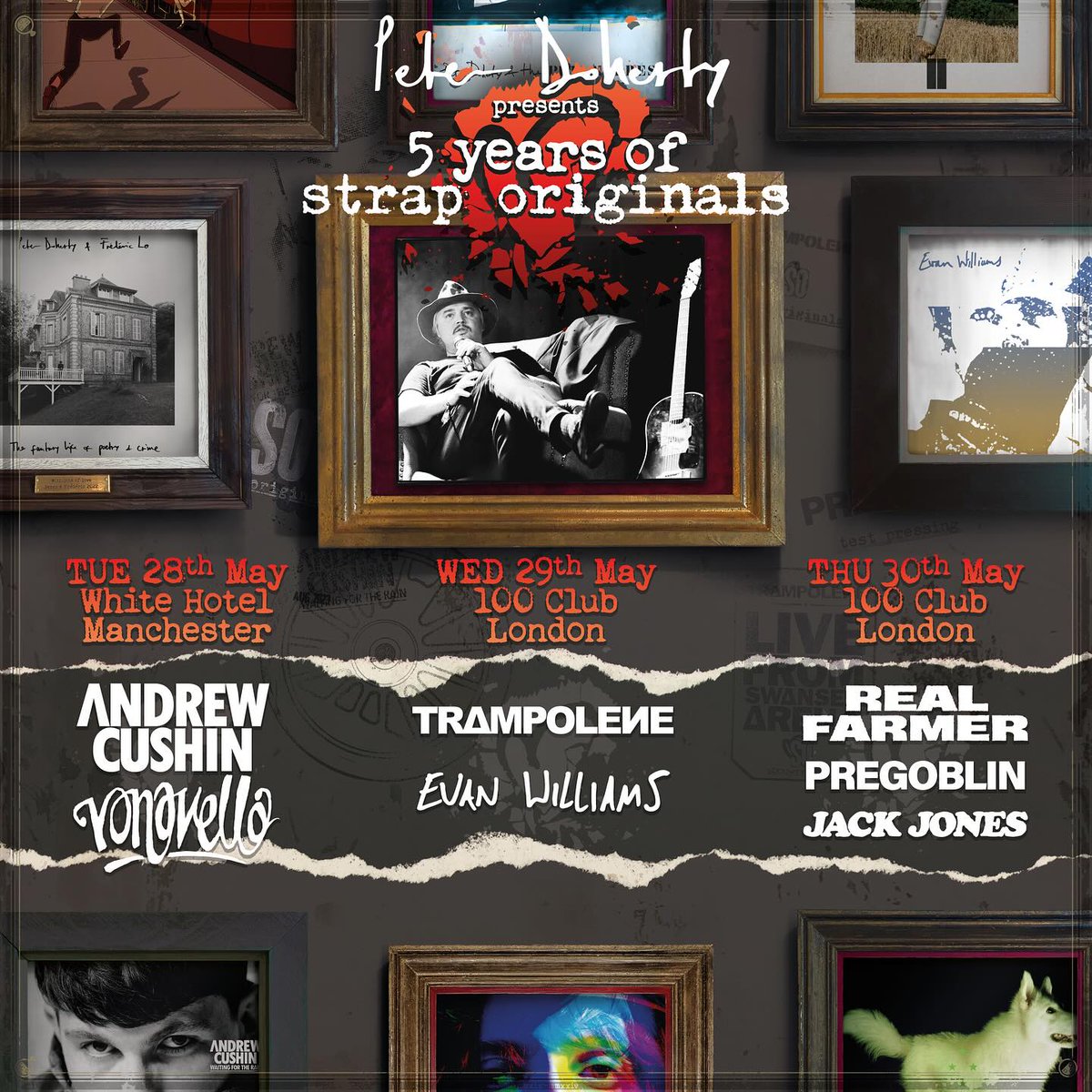 Tickets are running low for @petedoherty's 5 year celebrations of @straporiginals 🎟. We're delighted to have Sydney Lima and @w1lko down for some Q&A, and the very real possibility of some songs from Peter too... Don't miss a couple of great nights: linktr.ee/100clublondon