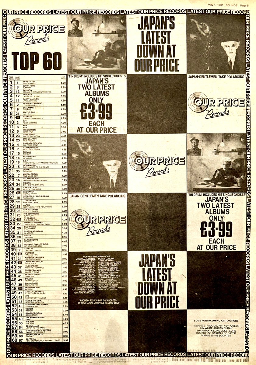 Full page ads this week for @QueenWillRock for their open air shows, for the ‘Complete Madness’ retrospective, for the #FunBoyThree new single ‘The Telephone Always Rings’ & #Japan’s last 2 LPs now on special offer.
@MadnessNews @terryhall_ @davidsylvian58 

Sounds May 1st 1982