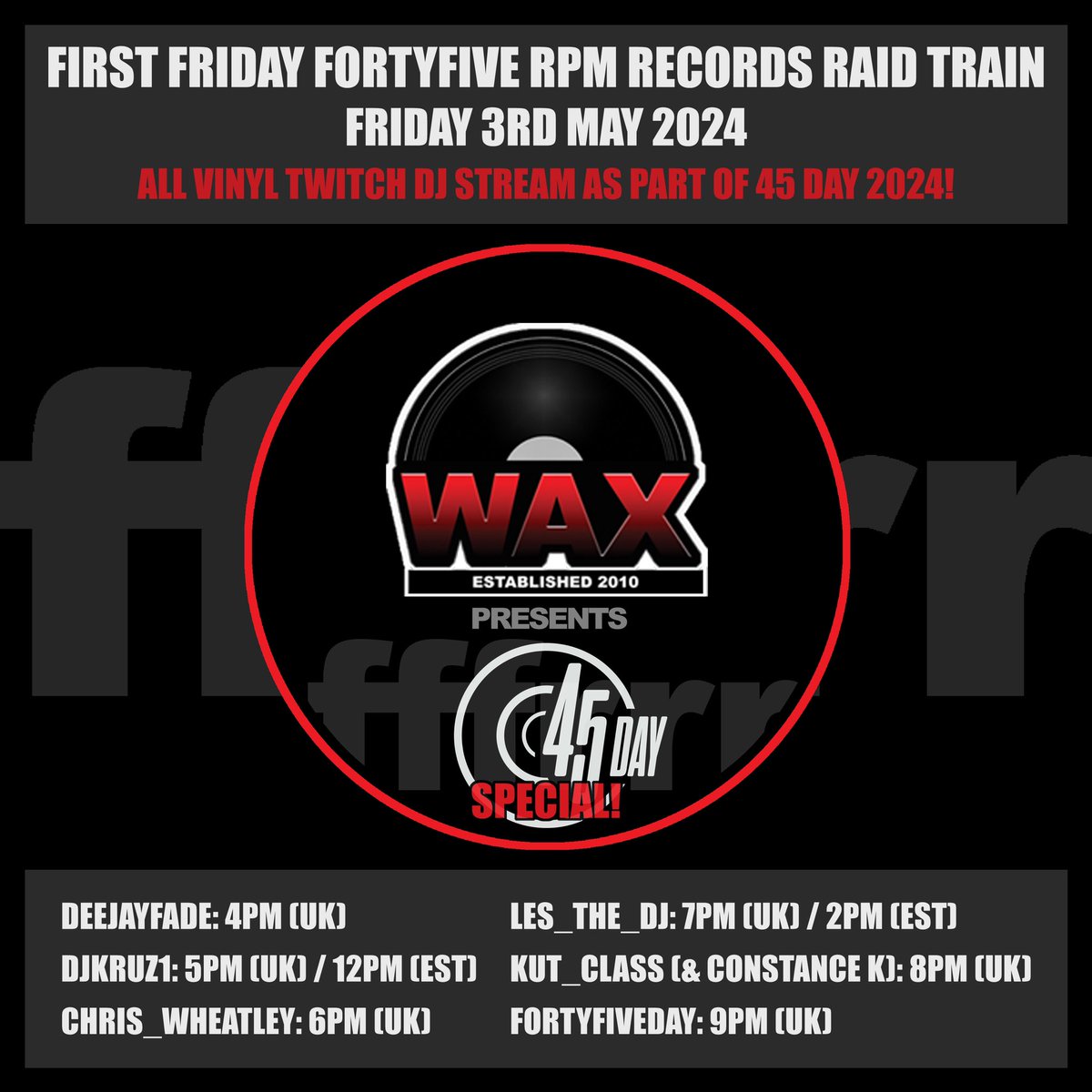 This Friday I’m gonna be joined by some dope DJs for the 6th “FFFRRR 45s Raid Train”… <a href="/DjKruz1/">Kruz-One</a> <a href="/Funkymusak/">Chris Wheatley</a> @LesTalusan @KutClass @EyeShotcha &amp; @FortyFiveDay! #WAXDJs #Vinyl #DJs #45Friday