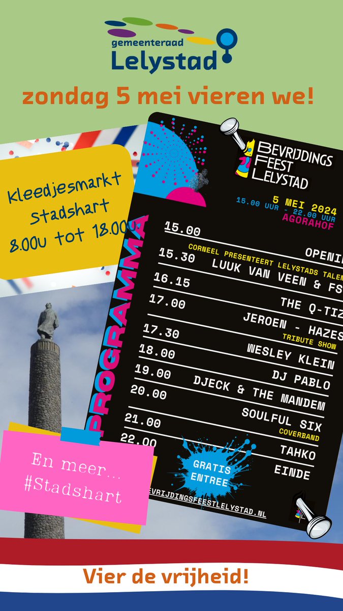 Zondag 5 mei vieren we….de vrijheid. Er is van alles te doen in de stad! #bevrijdingsdag #bevrijdingsdag2024 #lelystad @gem_Lelystad