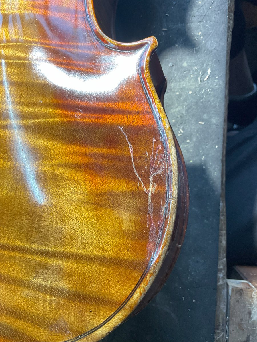 Steve is repairing damage to the back of a violin which received a bad bash. He has repaired from the inside gluing and securing the damaged areas. He will be retouching the front next to leave no trace of the repair. It is by French maker Paul Bailly 1844–1907 #fineviolin