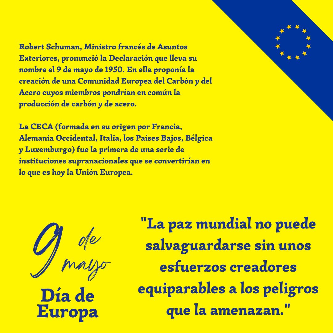 📢Queda una semana para el Día de Europa!🇪🇺 El próximo jueves 9 de mayo se celebra el 74º aniversario de la Declaración de Robert Schuman, un hecho clave para la creación de la Unión Europea tal y como la conocemos hoy en día.