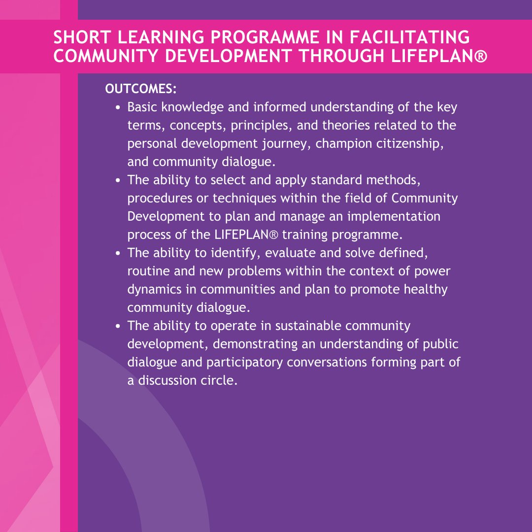 Short Learning Programme in Facilitating Community Development through LIFEPLAN® 
Applications close on June 03, 2024

Apply Now: zurl.co/VEhz 

#NWUShortCourses #ContinuingEducation #ProfessionalDevelopment #SkillsTraining #LifelongLearning #EducationForAll