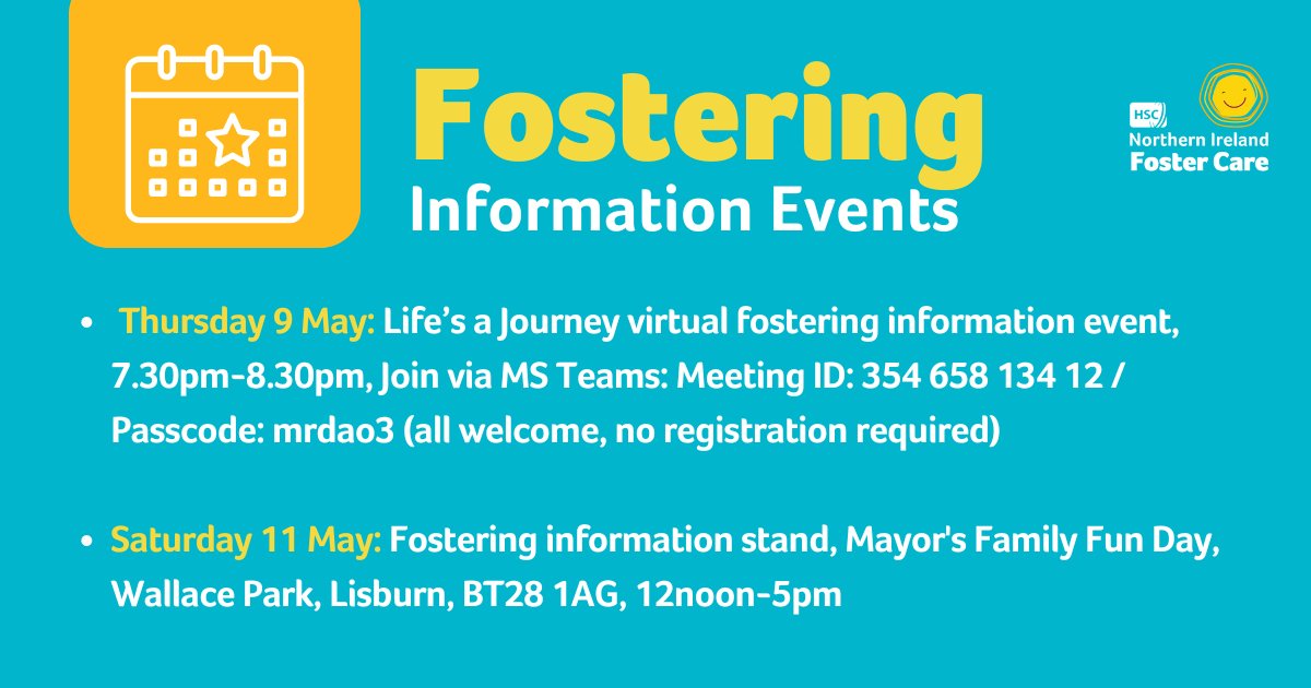 Fostering info events this week across NI:👇 Thu 9 May: Life’s a Journey virtual fostering info event, 7.30-8.30pm, MS Teams ID: 354 658 134 12 / Pass: mrdao3 (all welcome) Sat 11 May: Info stand, Mayor's Family Fun Day, Wallace Park, Lisburn 12-5pm adoptionandfostercare.hscni.net/upcoming-foste…