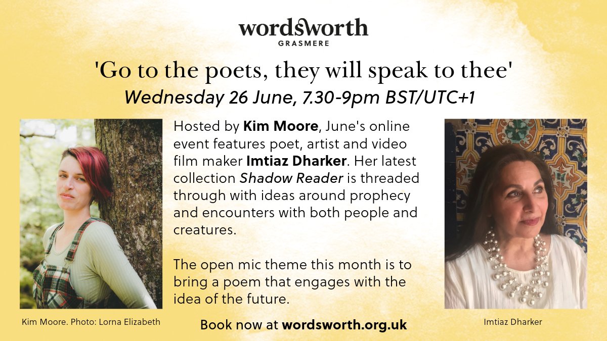 We're looking forward to #GoToThePoets on 26 June! Our guest poet is @Idharker reading from Shadow Reader (@BloodaxeBooks) and our host, as always, is the brilliant @kimmoorepoet. The theme of the open mic is 'the future'. Tickets: wordsworth.org.uk/blog/events/an…
