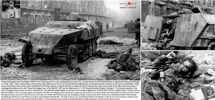 These photographs from the Battle of Berlin form a starting point in a  grim photographic journey down several blocks of the Friedrichstrasse  & adjoining Französische-Strasse, on 4 May 1945.