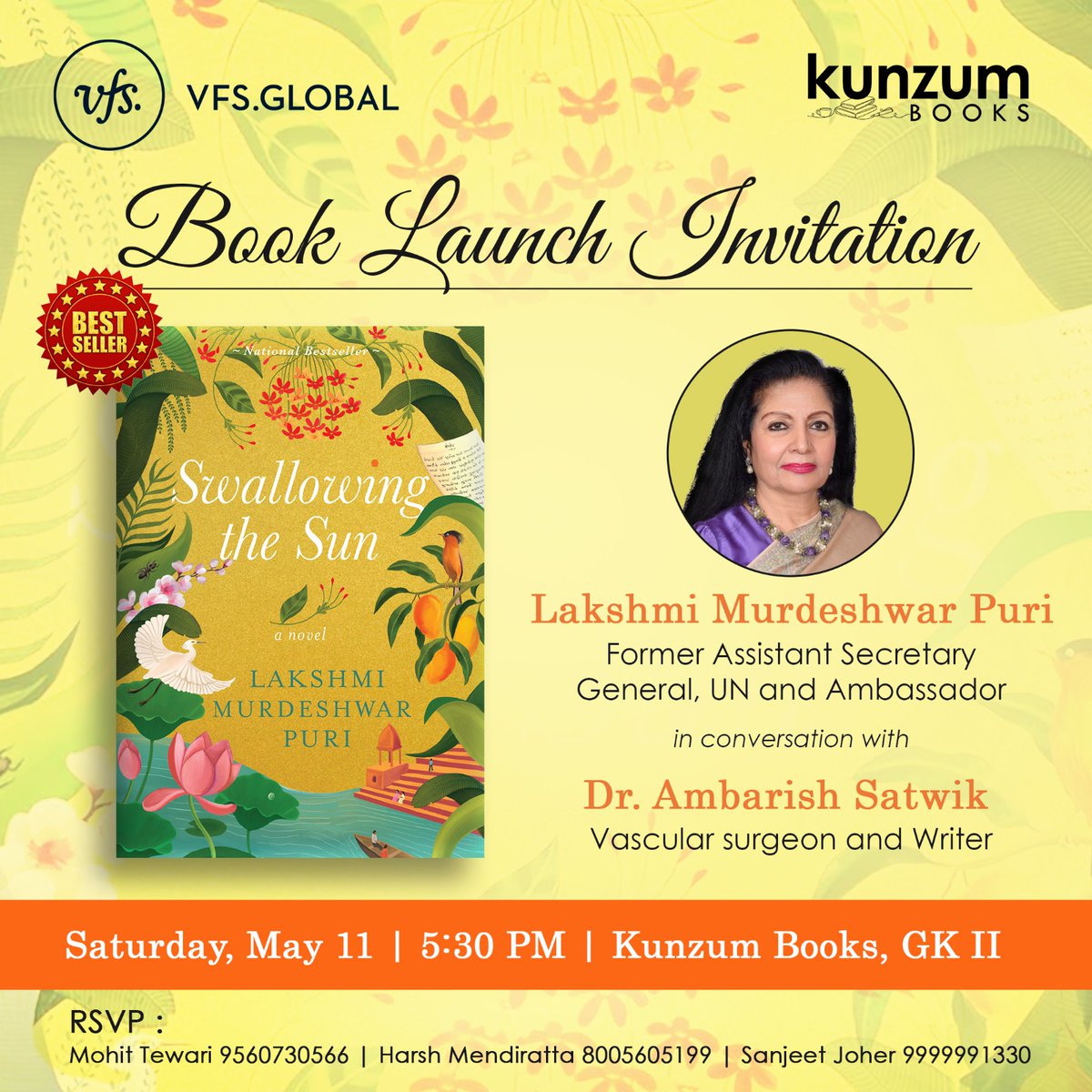 #BookLaunchAlert Join @lakshmiunwomen in conversation with Dr @AmbarishSatwik discussing her book #SwallowingTheSun #NationalBestseller @kunzum @VFSGlobal