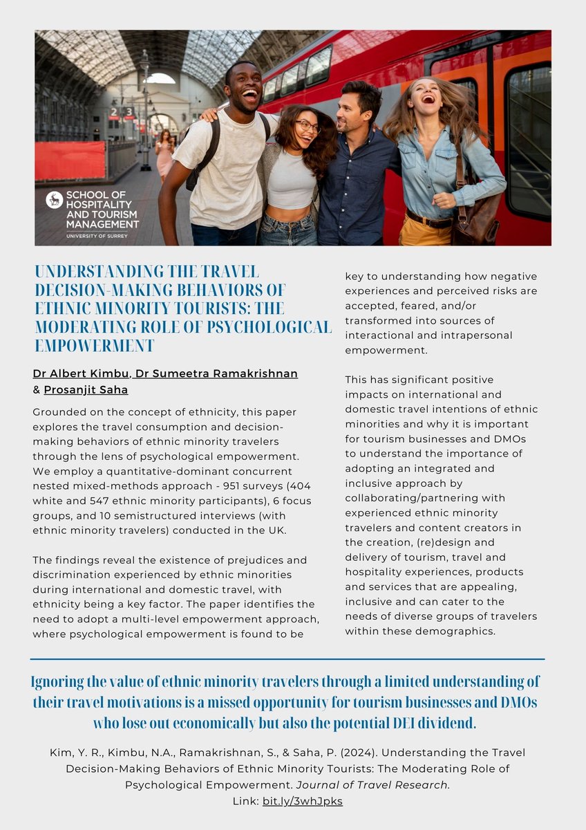Understanding the travel decisions of ethnic minority travelers is key for DMOs and tourism businesses. In this Weeks' Digest, @AlbertKimbu, @SumeetraR & Prosanjit Saha highlight the crucial role of psychological empowerment in shaping these decisions: bit.ly/3whJpks