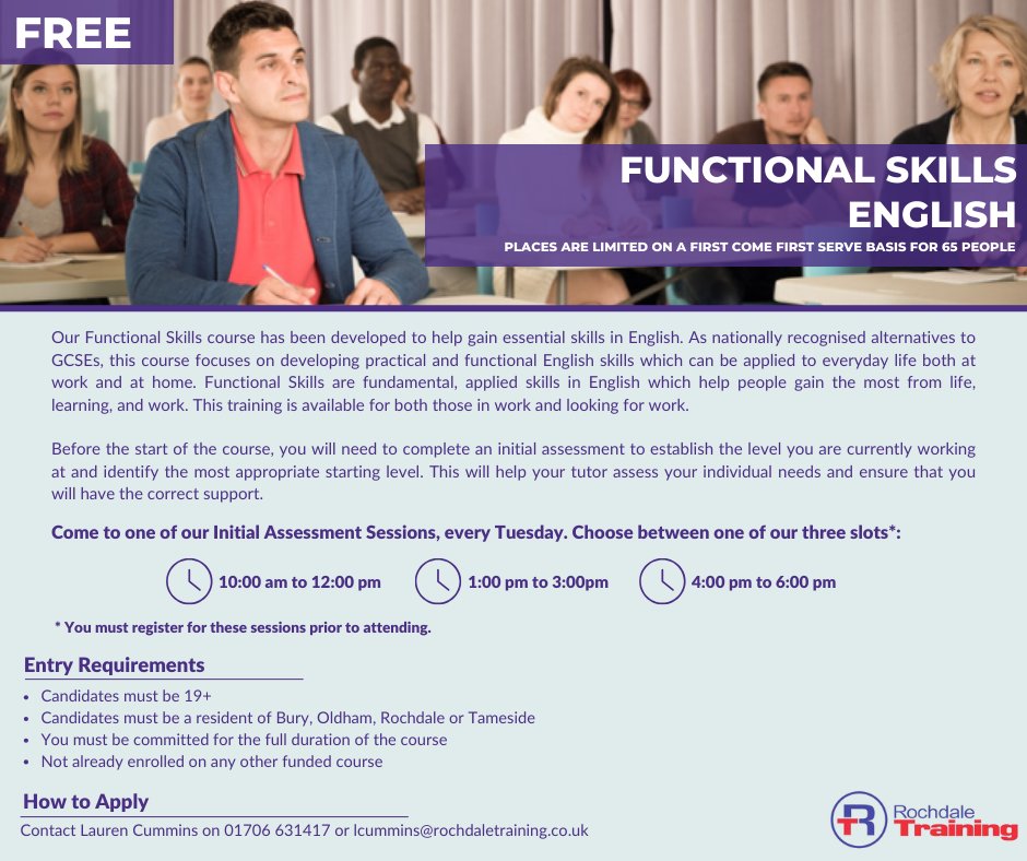 We have a Functional Skills English course starting in June!  For more information please visit: rochdaletraining.co.uk/free-english-f… or to register your interest for our FREE English course by contacting Lauren Cummins at 01706 631417 or lcummins@rochdaletraining.co.uk

#FunctionalSkills