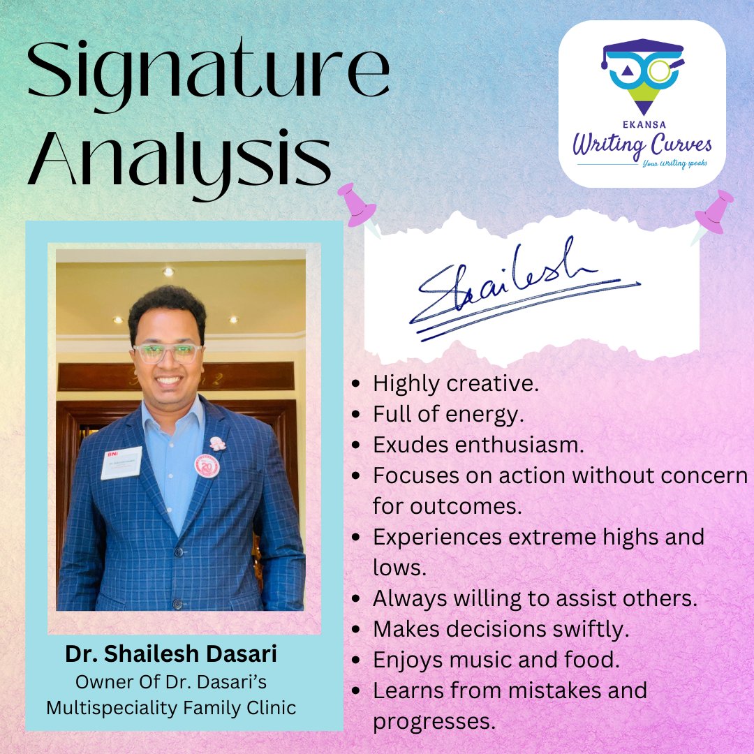 Unlocking the secrets behind Dr. Shailesh Dasari's signature! As the owner of Dr. Dasari’s Multispeciality Family Clinic and a specialist in child dental care, his signature speaks volumes.💡 DM for insights! #SignatureAnalysis #EkansaWritingCurves#graphology#ChildDental