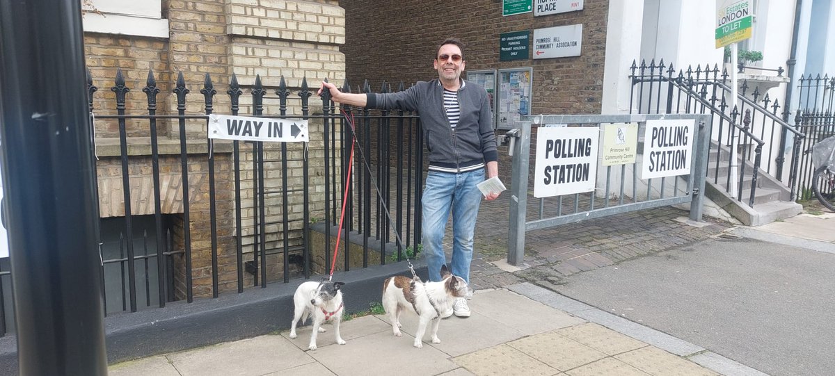 Today's the day to #vote in person! Polling stations in #London & elsewhere are open 'til 10pm. Here's mine in #PrimroseHill! Those who are elected WILL take decisions that affect YOU and OTHERS so if you can, please vote! Photo ID required! #Elections2024 #dogsatpollingstations