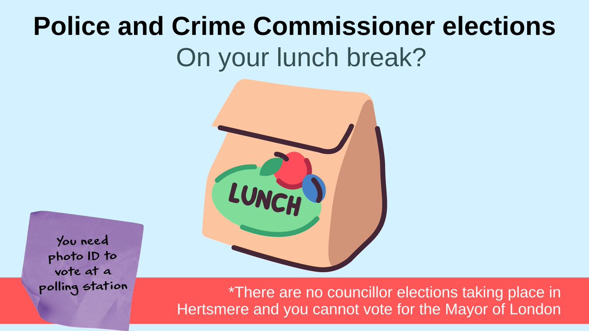 Why not pop out in your lunch hour to vote for the next Police and Crime Commissioner (PCC) for Hertfordshire?
Polling stations are open until 10pm tonight.
Don't forget your photo ID!
#PCC2024 #HaveYourSay