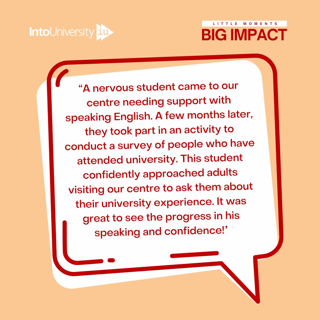 IntoUniversity's tweet photo. Little moments of progress like this one can often lead to a big impact ↗️
It’s why our centres are here for young people throughout their educational journey and beyond.
Find out more about #LittleMoments here or share yours below: https://t.co/yuiKKJKubp
#IUImpact https://t.co/2AkpMZizES