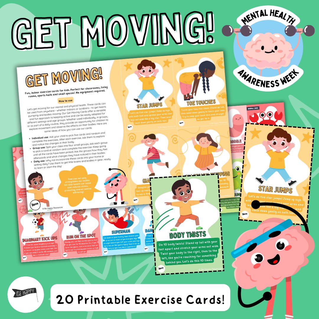 behappyresource's tweet image. Get moving for mental health with our fun child-friendly exercise cards 🌟 NEW! 🌟 Mental Health Awareness Week is right around the corner and this year’s theme is ‘move more for mental health’ 🧠 Find out more below ⬇️ 
behappyresources.co.uk