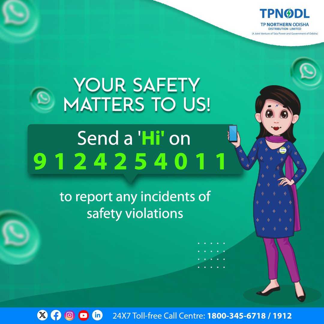 Safeguard your surroundings and ensure the safety of the lineman working to provide power to you. 
If you notice violation of any safety protocol by our employees, just send a 'Hi' on Whatsapp @ 9124254011.
 
#SafetyFirst #ForYouWithYouAlways