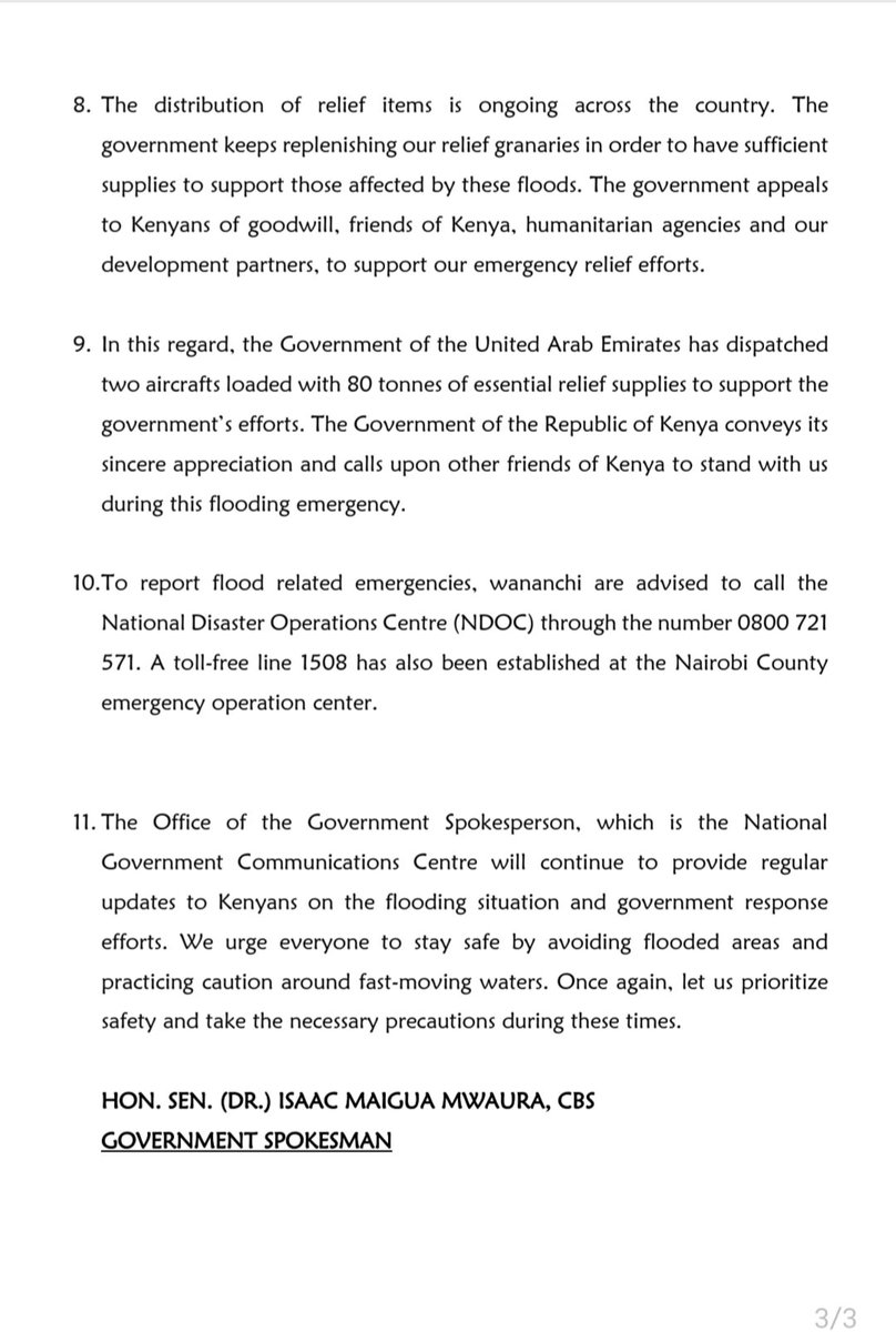 Press Statement by the Government Spokesman Dr. Isaac Mwaura, CBS, on the Ongoing Flooding Situation and Government Emergency Response. 2nd May, 2024