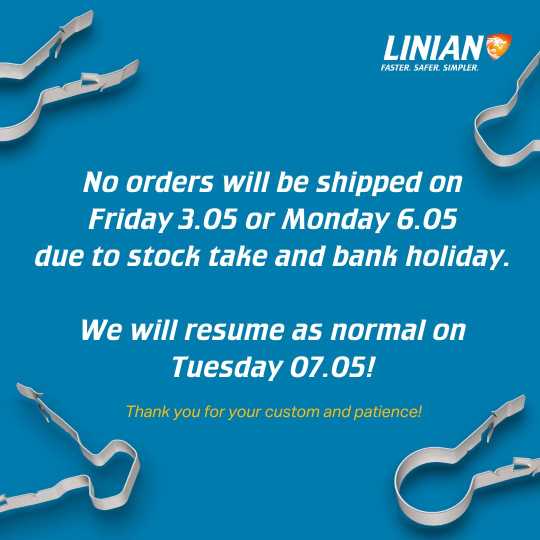 We apologise for any inconvenience this may cause and we will be back dispatching orders on Tuesday 7th May⚡ #BankHoliday #MayBankHoliday #LINIAN #Sparky #Electrician #Tools #Cable #CableManagement #Install #ElectricalWork