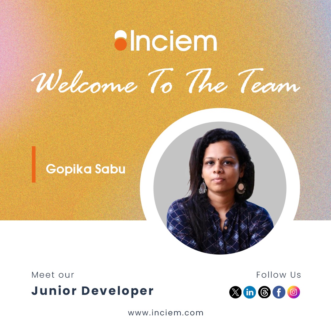 Let’s extend a hearty welcome to the newest member of the #TeamInciem Gopika Sabu- Junior Developer. Get ready for an incredible journey filled with innovation and learning.

Know more : inciem.com

#Inciem #TreamInciem #FutureForward #InciemTechnologies #Innovation