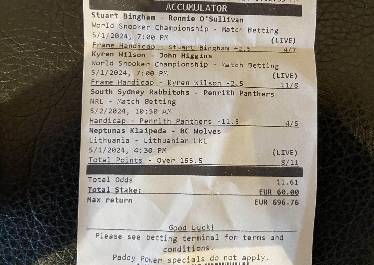 💰💸💵💰£1,613.55 from £100
Two nice bets placed yesterday evening.
TIP:Jak Jones 13/8 to beat Stuart Bingham today🫰
#bettingtips #Snooker  #Rugby #Tips