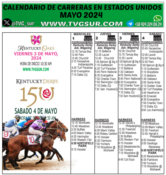 #BestBet 
#hipismo
Ya puedes descargar completico
 toda la programación de carrera
 para el mes de Mayo 2024.
En todos los Hipódromos de estados Unido.
En la mejor web de apuestas hípicas TVGSUR.COM