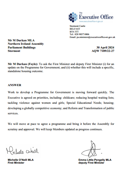 It's long past time that the Executive honour their NDNA commitment to include a PfG housing outcome. OFMDFM confirmed that housing will be included in the PfG. Now it's time to deliver! Without it, the Executive will fail to deliver lasting and tangible change.