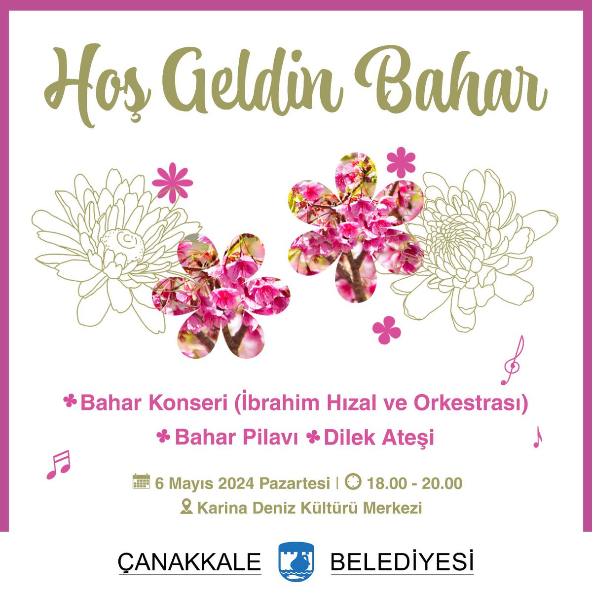 Hoş Geldin Bahar🪻🌺🌸 🌷Bahar Konseri (İbrahim Hızal ve Orkestrası) 🌼Bahar Pilavı ve 🌹Dilek Ateşi ile baharı karşılayacağımız etkinliklerimize siz değerli kentlilerimizi bekleriz.🤗 ⬇️