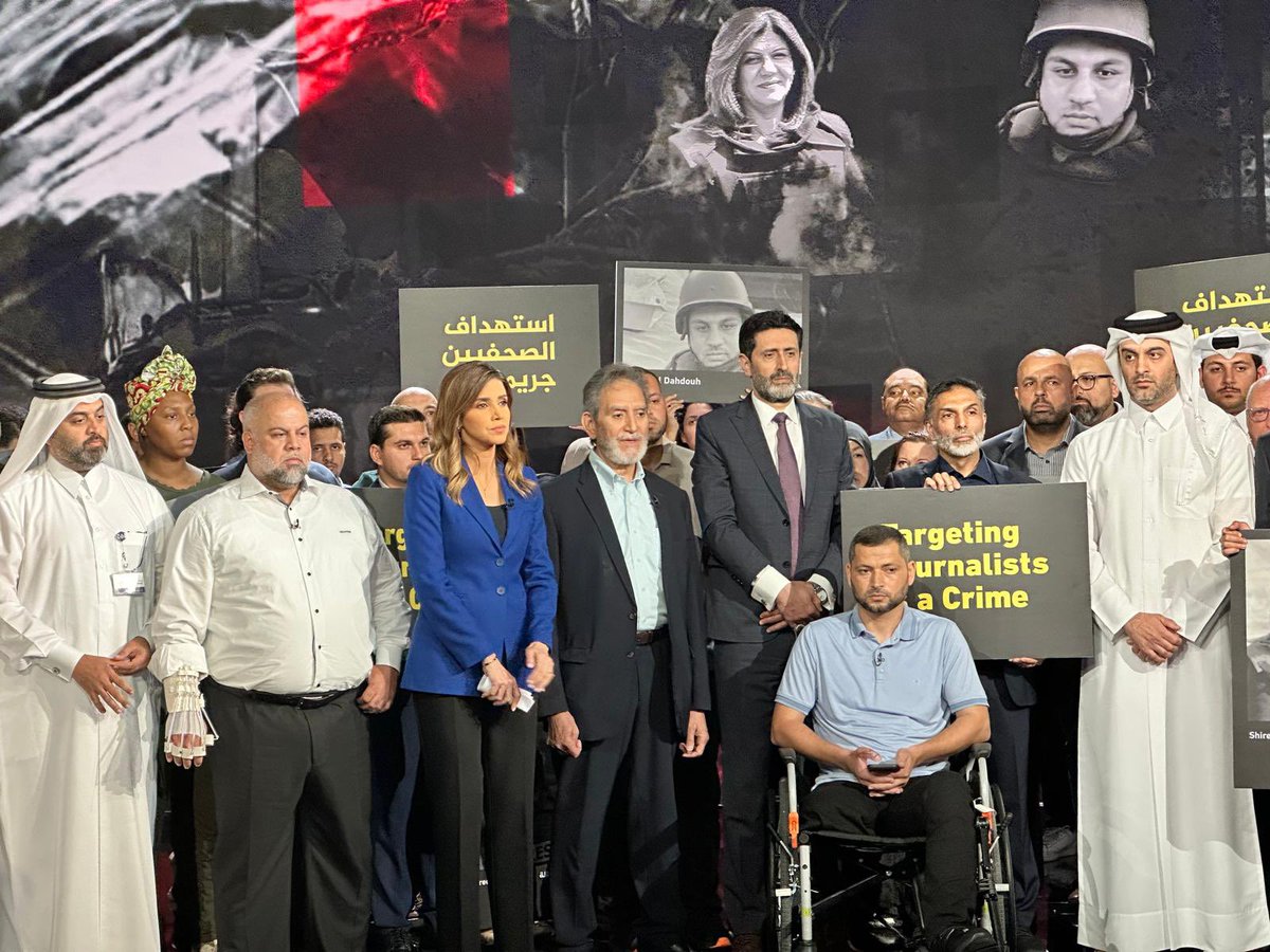 Al Jazeera commemorating World Press Freedom Day in the presence of colleagues Wael Al Dahdouh and Ismail Abu Omar, in remembrance of all the journalists targeted by Israeli Occupation forces in Gaza and their sacrifice. #TargetingJournalistsIsACrime