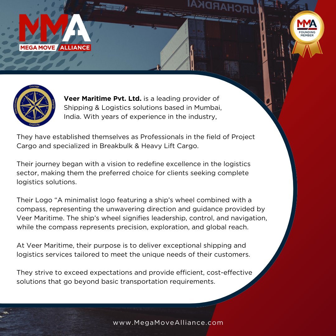 Get to know our MMA member, Veer Maritime!

#MegaMoveAlliance #AINetworks #LogisticsNetwork #freightnetworks #heavylift #ProjectCargo #projectforwarding #VeerMaritime