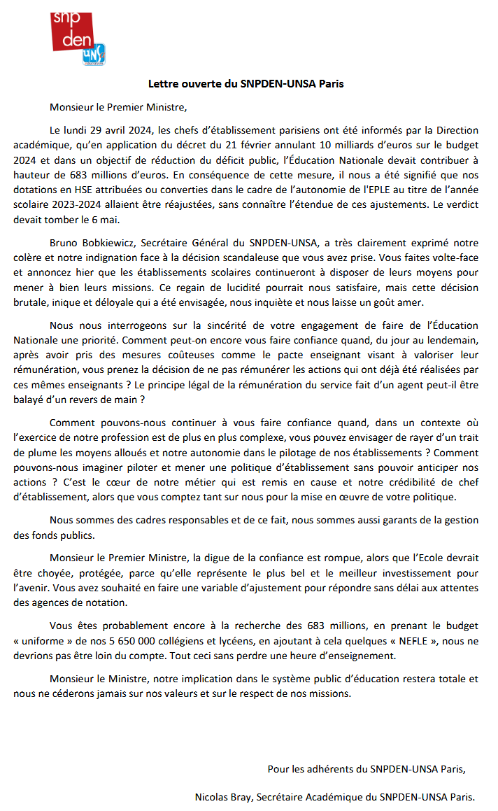 Ce matin, en réunion plénière à la Sorbonne, le SNPDEN-UNSA Paris a lu et remis à Monsieur le Recteur une lettre adressée à Monsieur le Premier ministre.