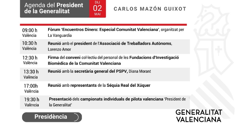 🗓 Agenda del president de la Generalitat, @carlos_mazon_ 📌 Dijous, 2 de maig de 2024 ➡ comunica.gva.es/va/agenda-del-…