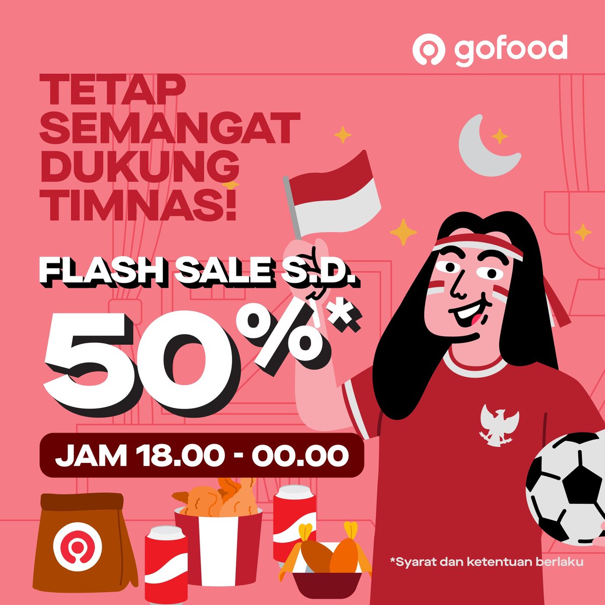 Sambil nunggu Timnas bertanding malam ini, ada promo khusus buat kalian yang mau nonton ramean nih! Spesial DISKON s.d 50% buat beli makanan biar mulut gak kering selama nonton pertandingan! Cuma sampe jam 12 malam nanti !!! GoFoodin apa ya enaknya? 👇 bit.ly/DukungGarudaMu…